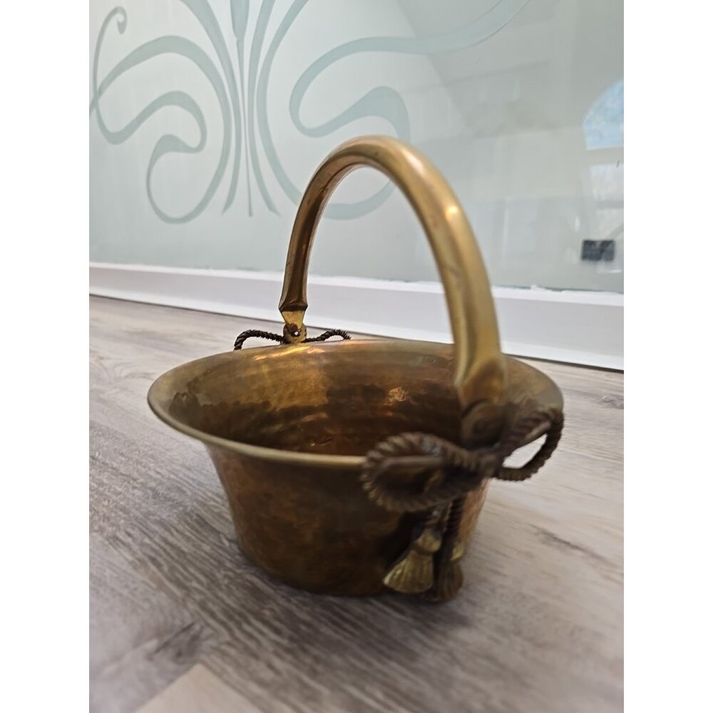 Decorative Solid Brass Basket Bowl With Folding Handle Tassel India Vintage